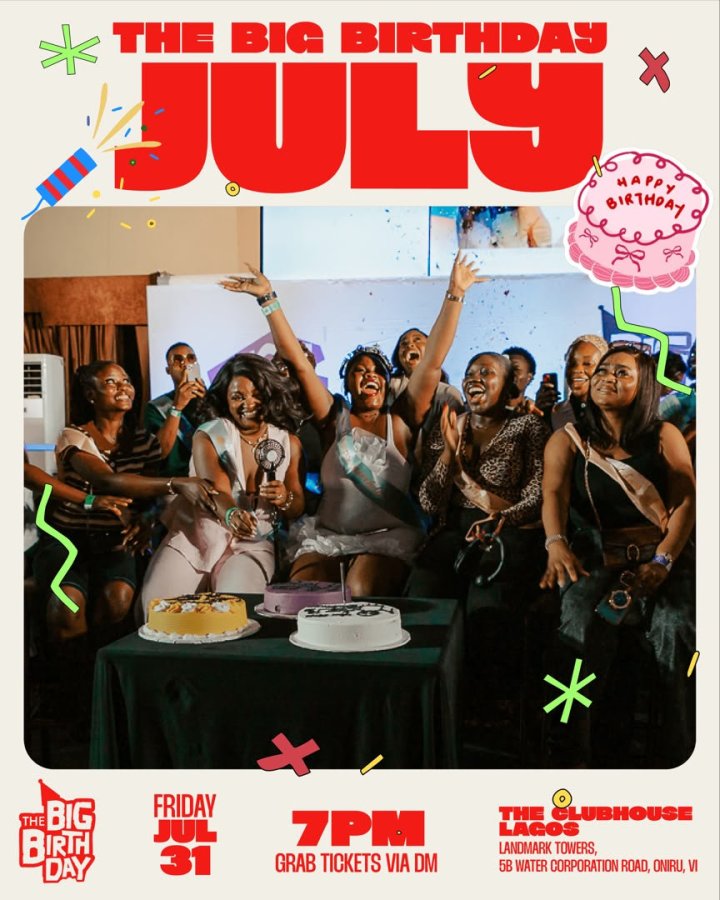 tbb 2 - YD Company Group of joyful guests at a birthday party around a table with two cakes; bold 'THE BIG BIRTHDAY JULY' banner and event details visible at the bottom.