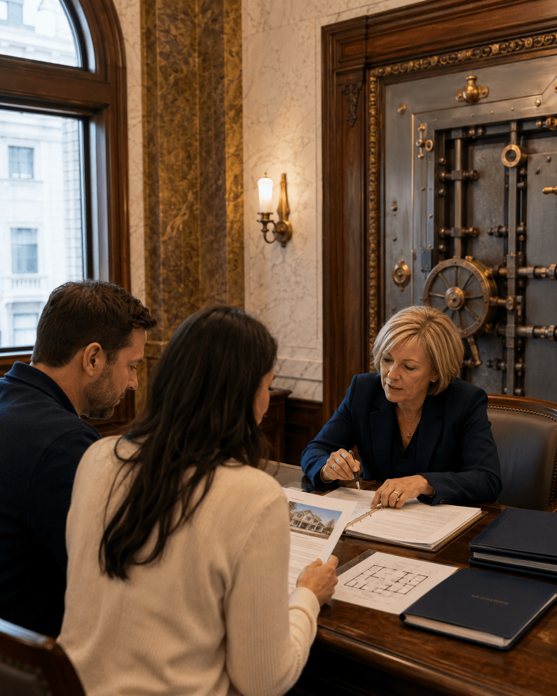 Home buyers reviewing documents at the closing table