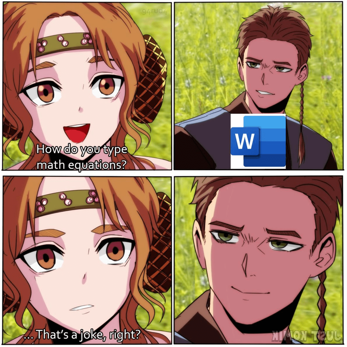 Four-panel comic shows character suggesting math equations, answered by another character with Microsoft Word logo, implying Word is the solution.