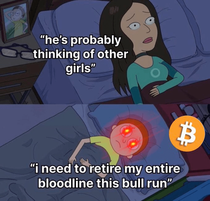 Cartoon meme showing a woman assuming her partner is thinking of other girls, while he’s actually obsessing over Bitcoin and planning to retire his bloodline during the crypto bull run.