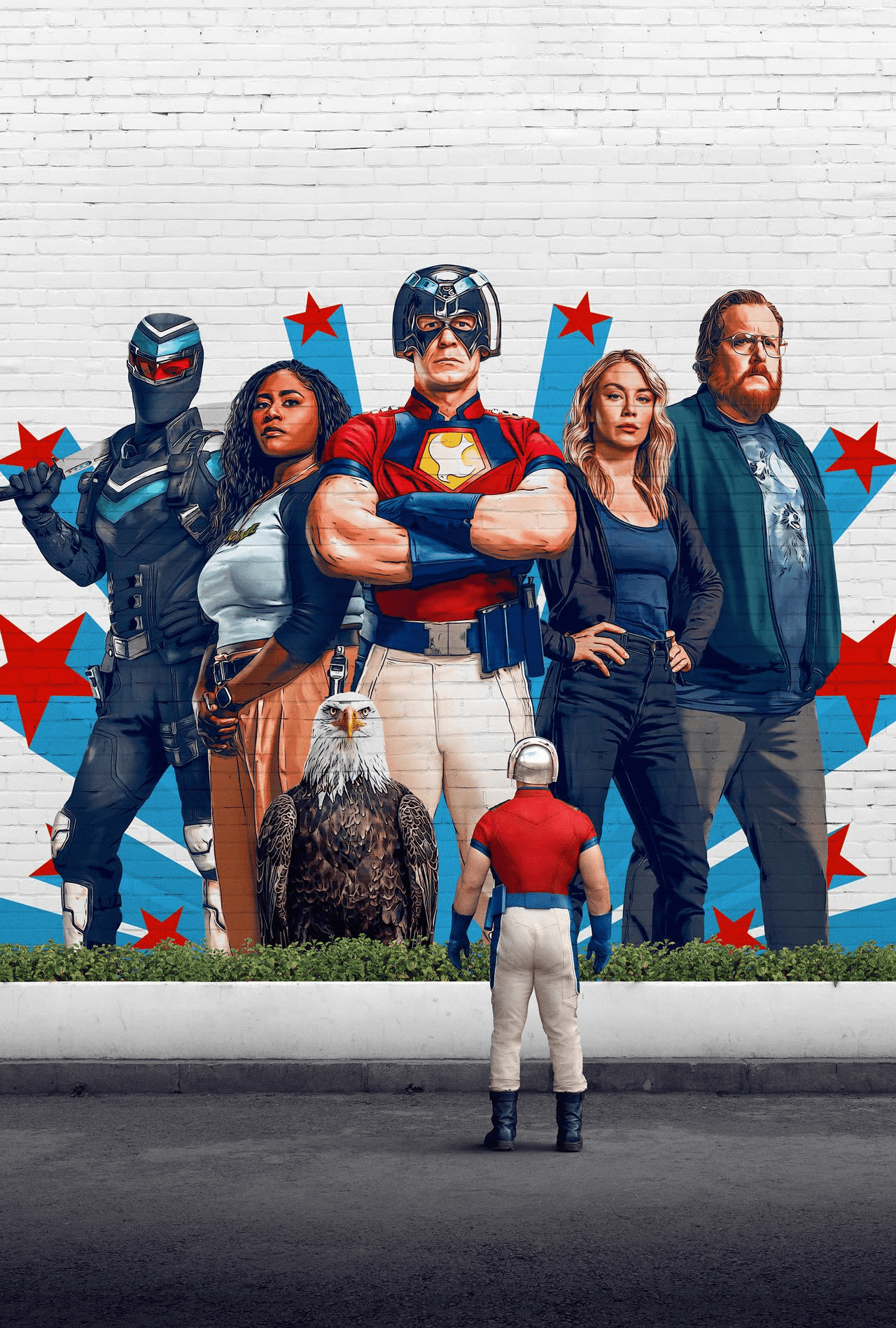Peacemaker Season 2 official poster showing John Cena in character wearing his helmet and Eagly in profile.