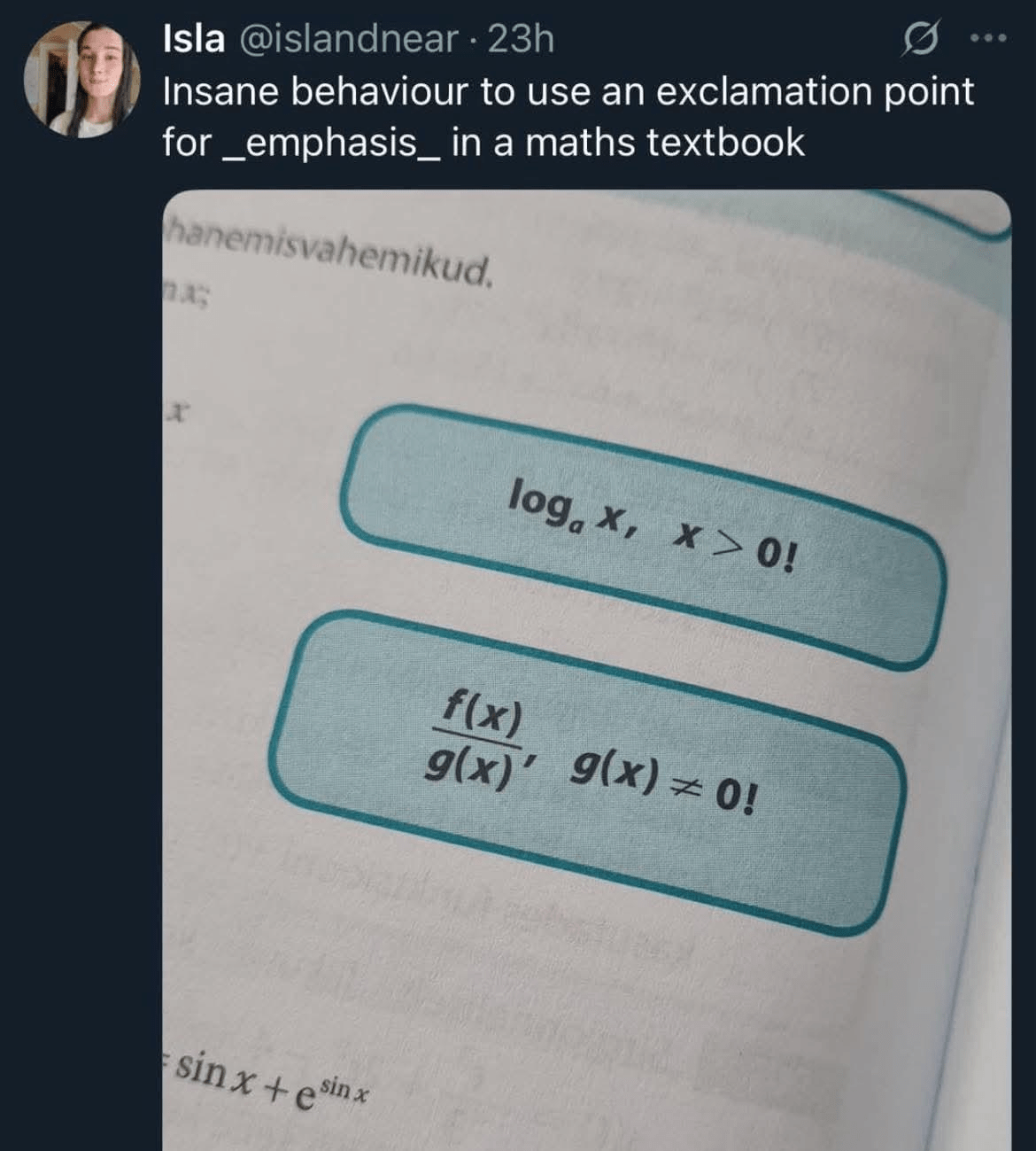 Tweet mocks math textbook for using exclamation points for emphasis, confusing them with factorial notation in equations.