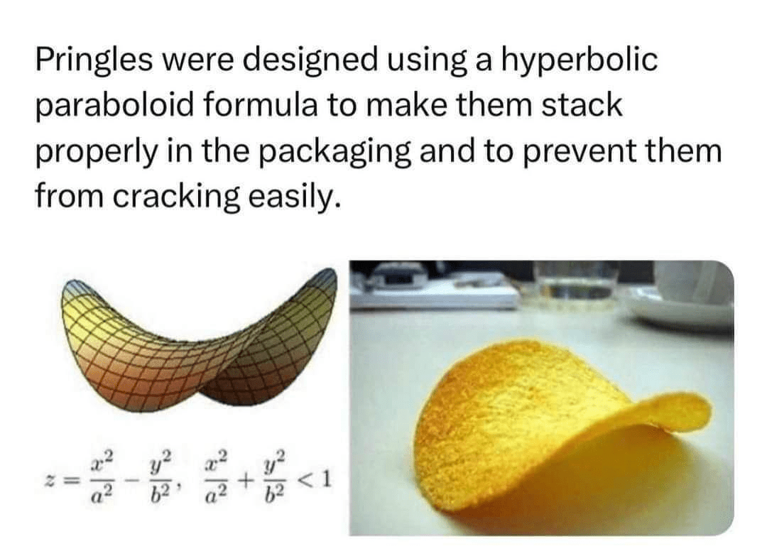 Meme compares Pringles chip to a hyperbolic paraboloid graph, showing how math helps chips stack and resist cracking.