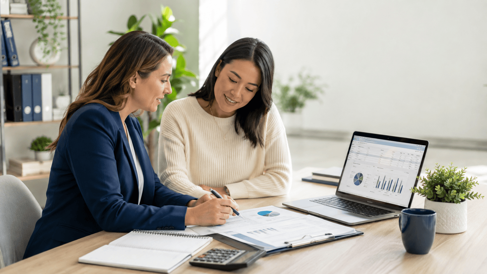 Bookkeeper reviewing financial reports with a small business owner