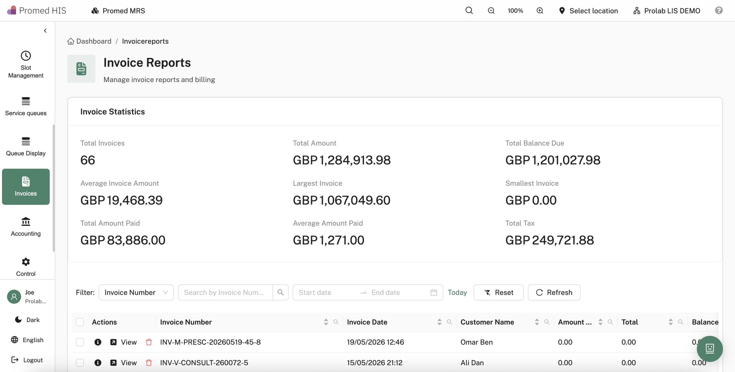 Billing — invoice reports on patient record