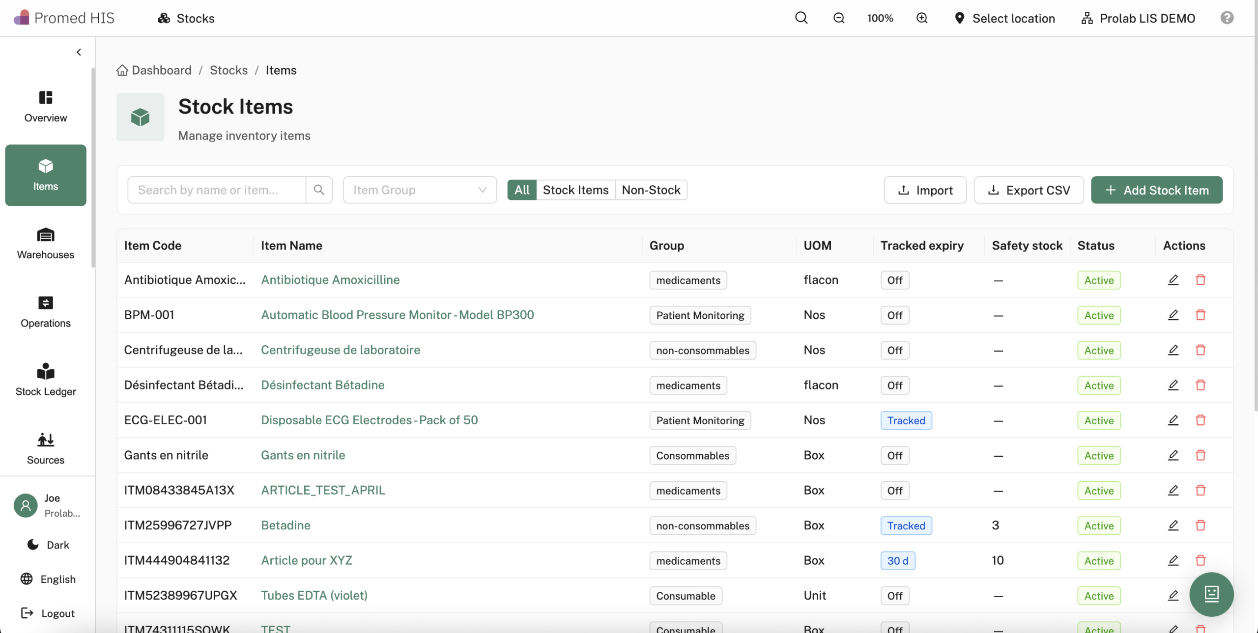 Stock items catalogue in Promed HIS