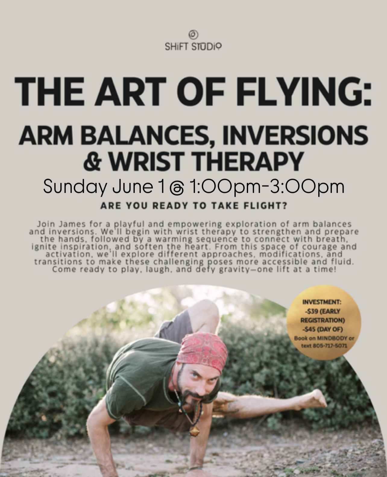 Flyer for The Art of Flying workshop on arm balances, inversions, and wrist therapy with James Kapicka.