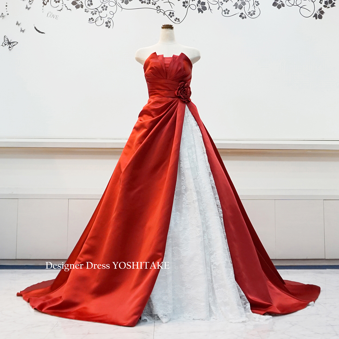 テラコッタ　チュール Aライン カラードレス　YNSWEDDING パニエ付き ウエディングカラードレス.テラコッタ.Aライン.編み上げ.(披露宴