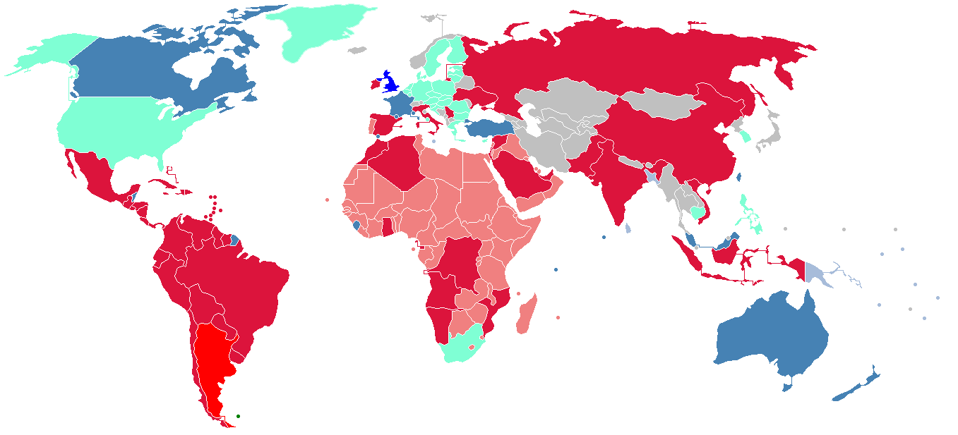 Posizione dei Paesi sulla disputa delle Malvinas negli anni 2010. Elaborazione di GastÃ³n Cuello per Wikipedia.