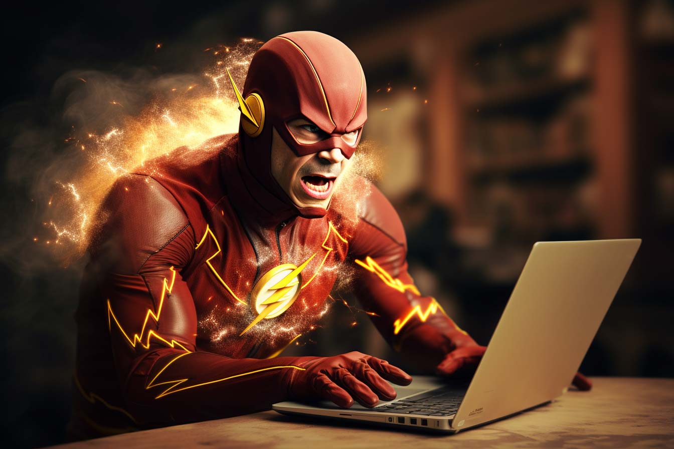 Automated mockup image creation is extremely fast, versus manual creation, funny concept image featuring the Flash using a computer to make mockups.