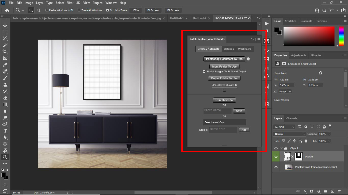 Photoshop Plugin - Batch-Replace Smart Objects, panel interface in .psd document