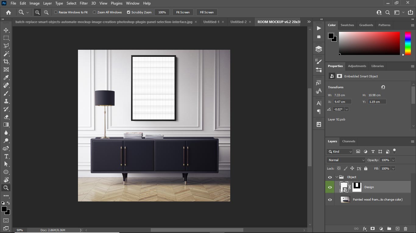 Photoshop Smart Object document example, with template placeholder image, before replacement.