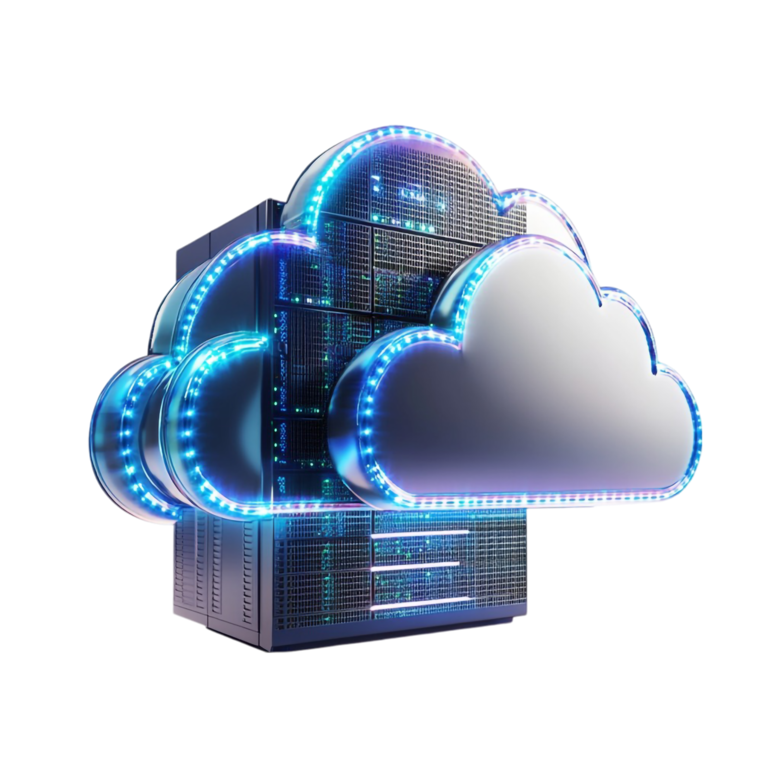 A futuristic digital cloud with glowing data streams, representing cloud computing technology and seamless digital connectivity.
