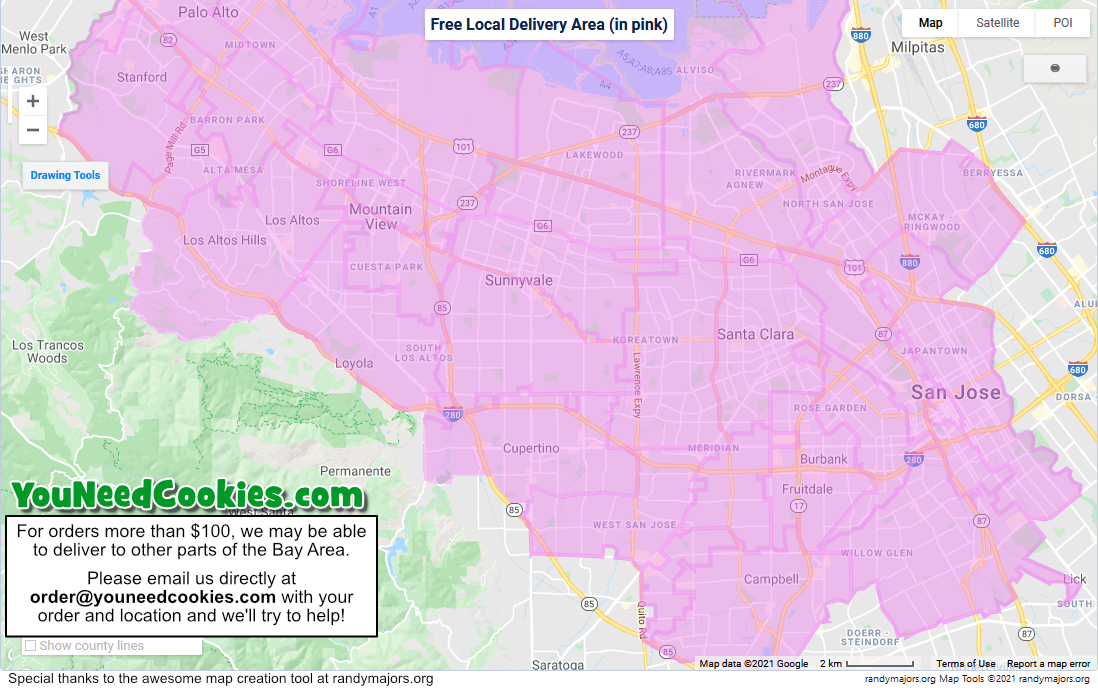 SF South Bay map showing free local delivery area