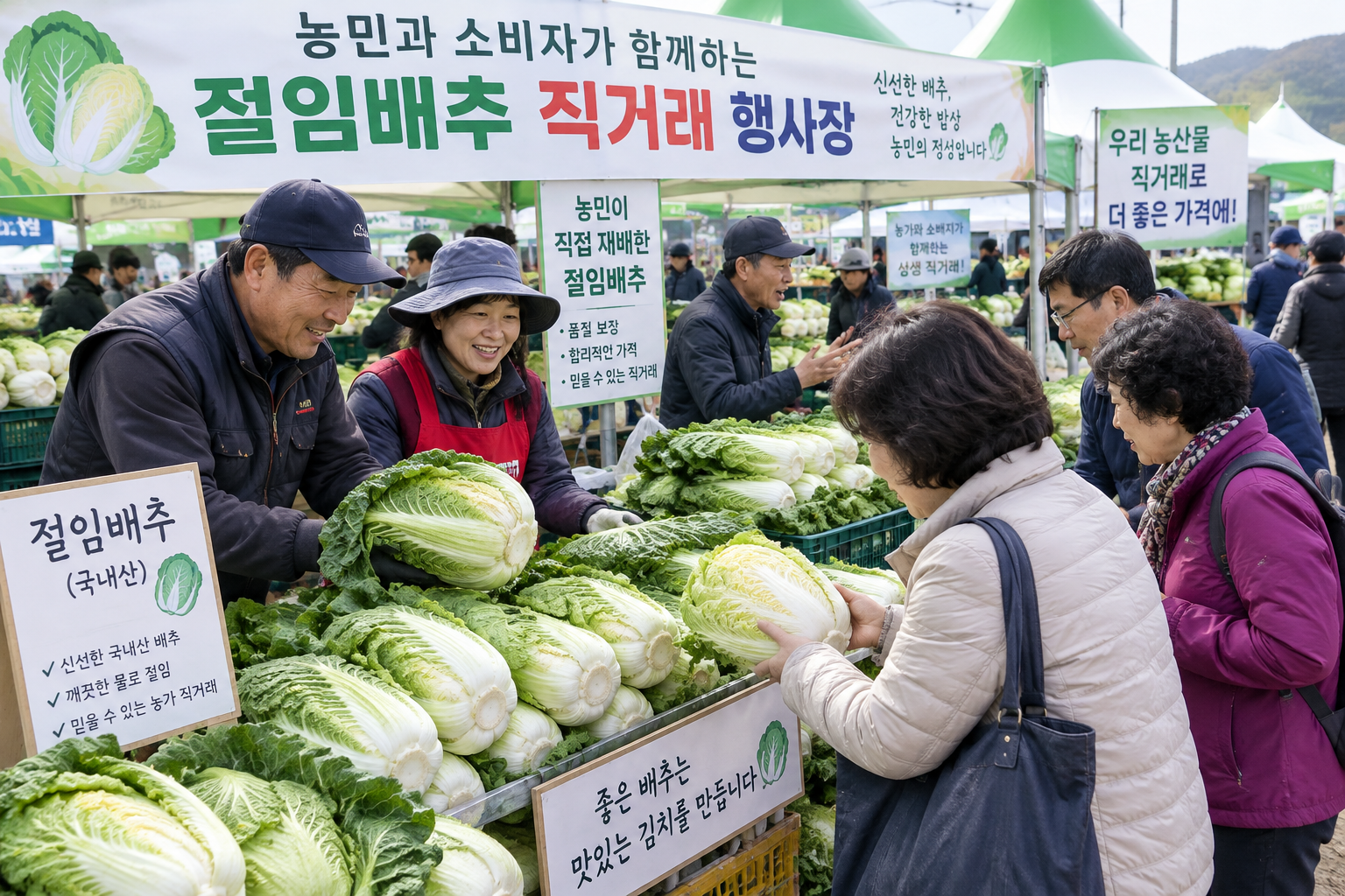 절임배추 직거래 행사장에서 배추를 고르는 소비자와 농민