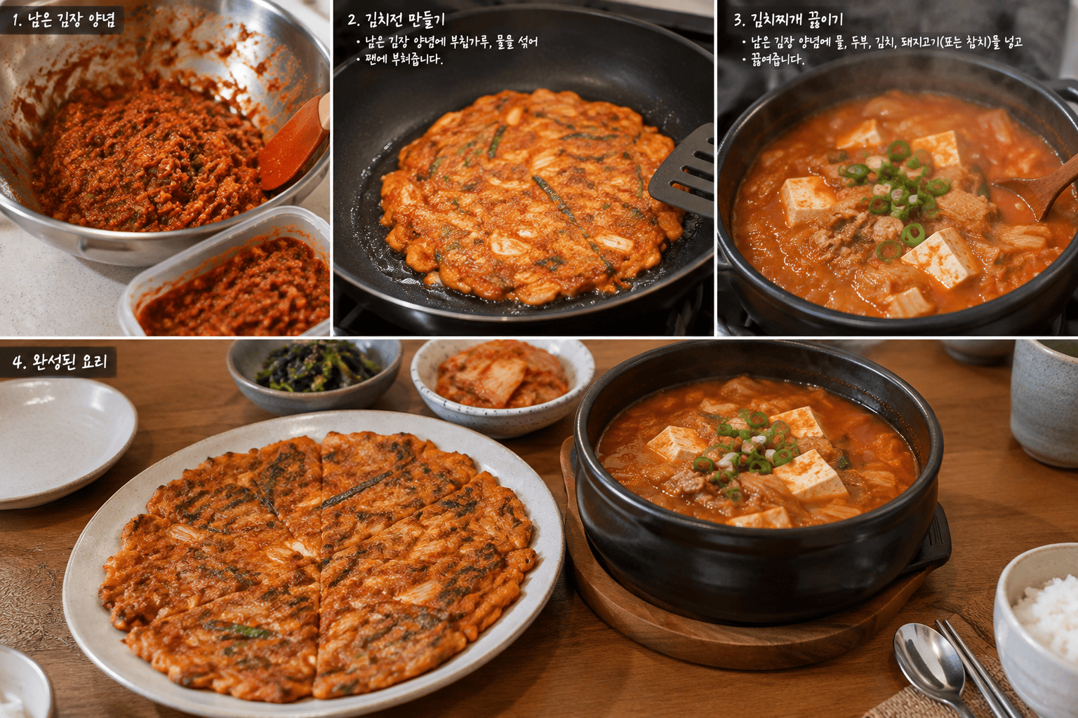 남은 김장 양념으로 만든 김치전과 찌개가 완성된 식탁 풍경