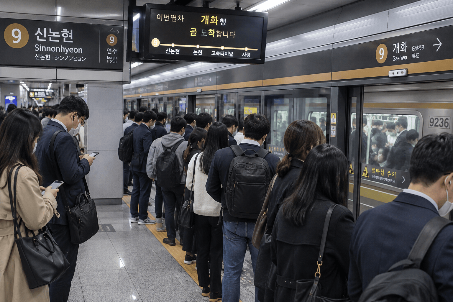 혼잡한 서울 9호선 역사의 출근 시간 승객들
