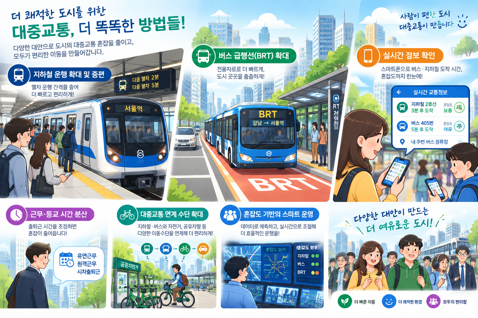 대중교통 혼잡 완화 대안 일러스트와 승객들의 스마트폰 활용 모습
