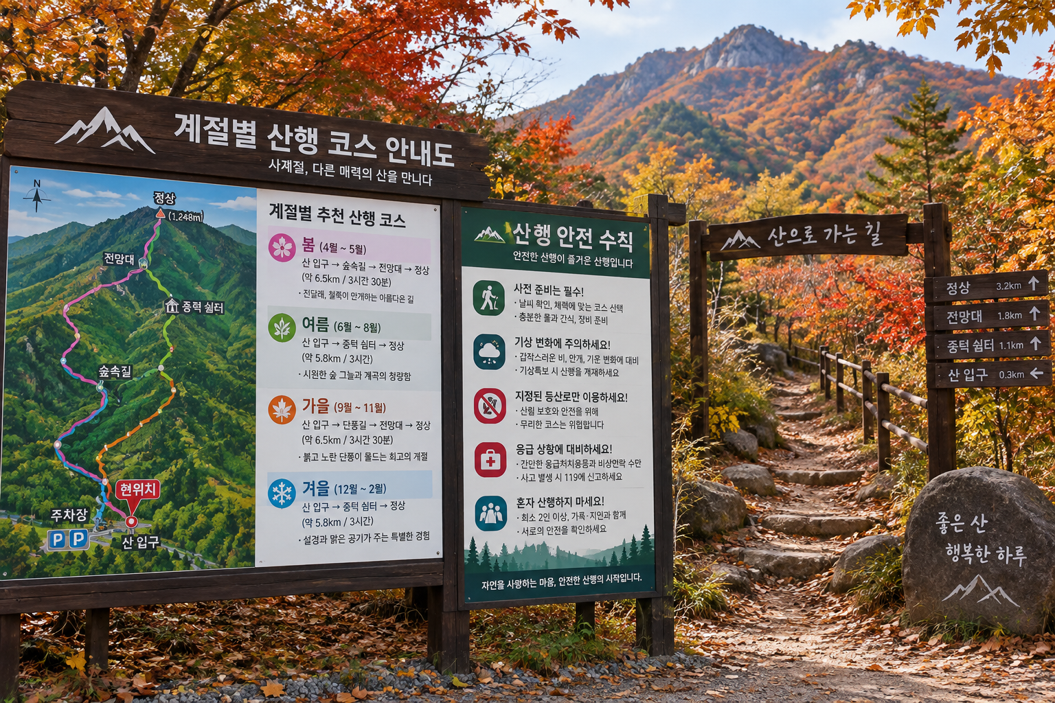 가을 산행 코스와 안전 수칙 안내판 풍경