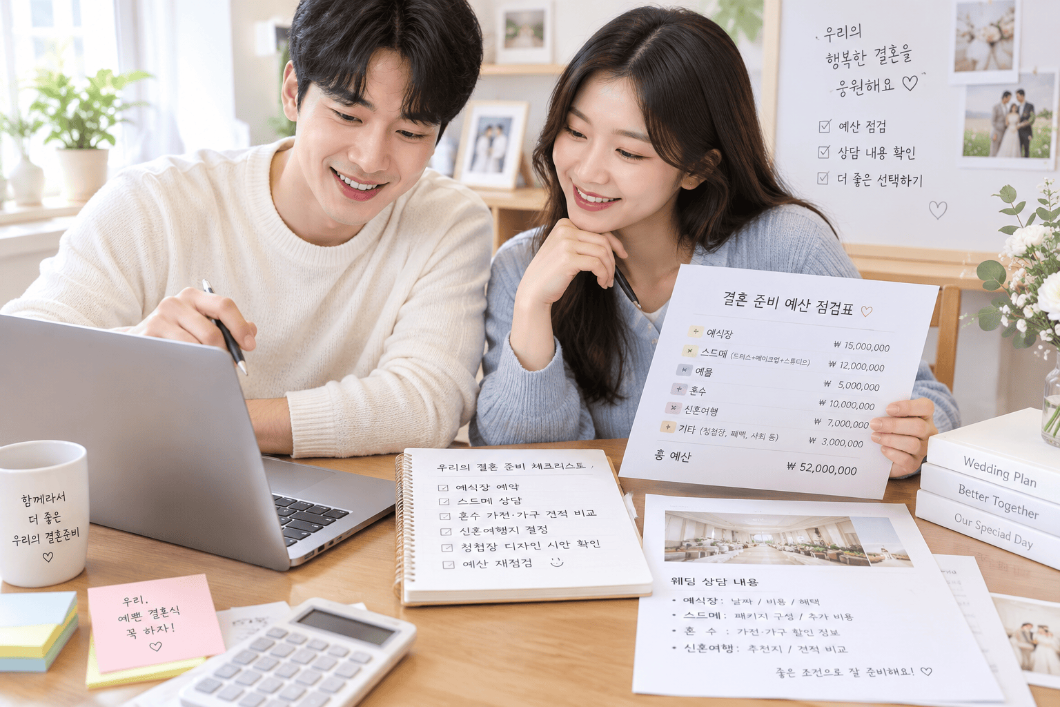 예비부부가 결혼식 비용을 계획하는 장면