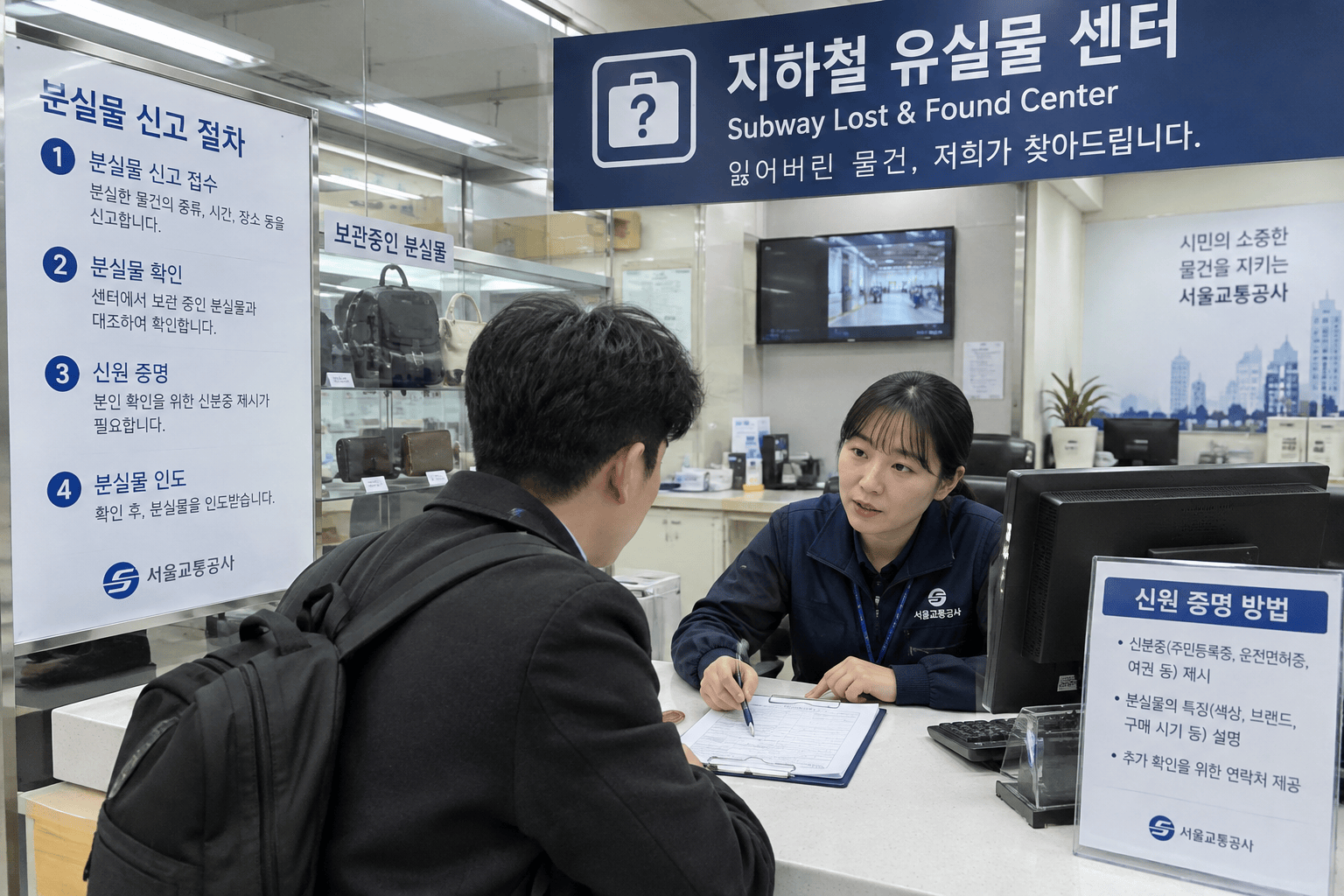 지하철 유실물 신고 절차를 진행하는 승객과 직원