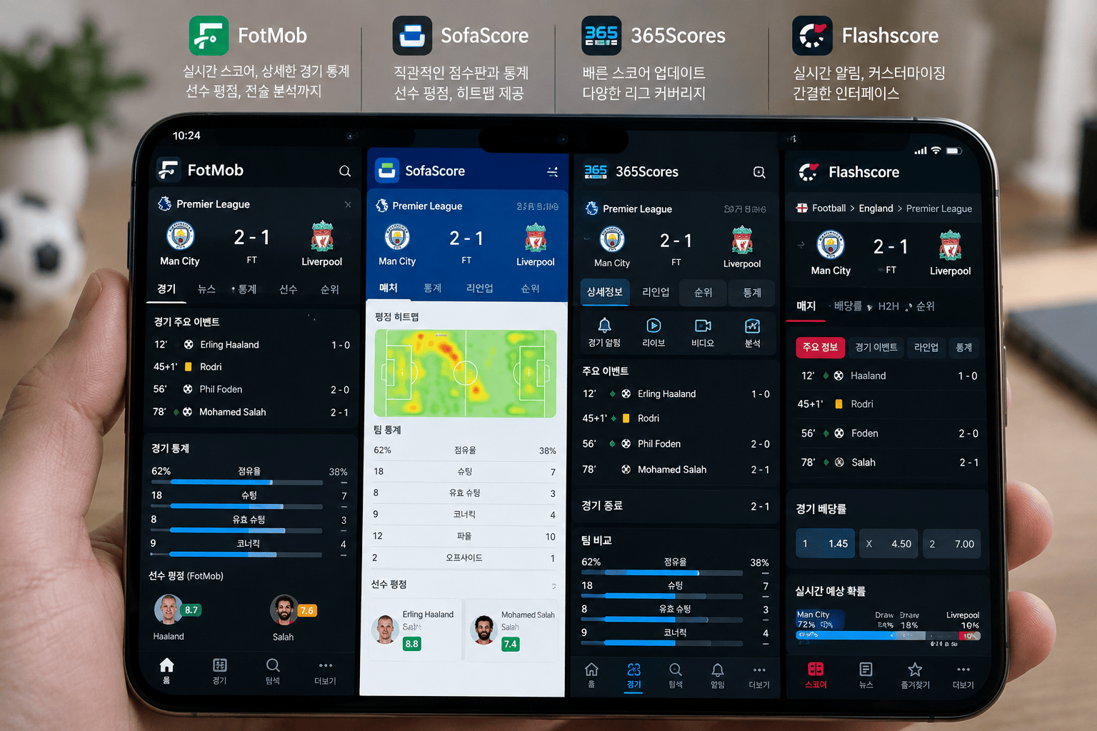 여러 축구 경기 앱들(FotMob, SofaScore, OneFootball) 비교 화면