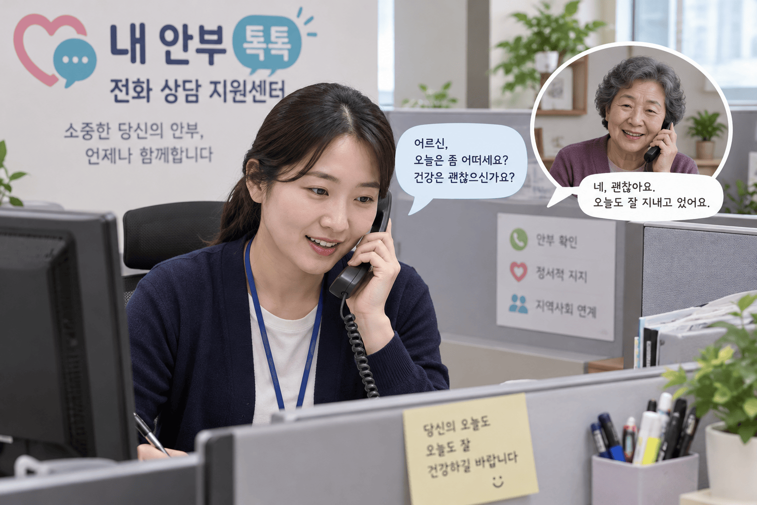 전화 상담사가 안부 확인 전화를 하는 모습