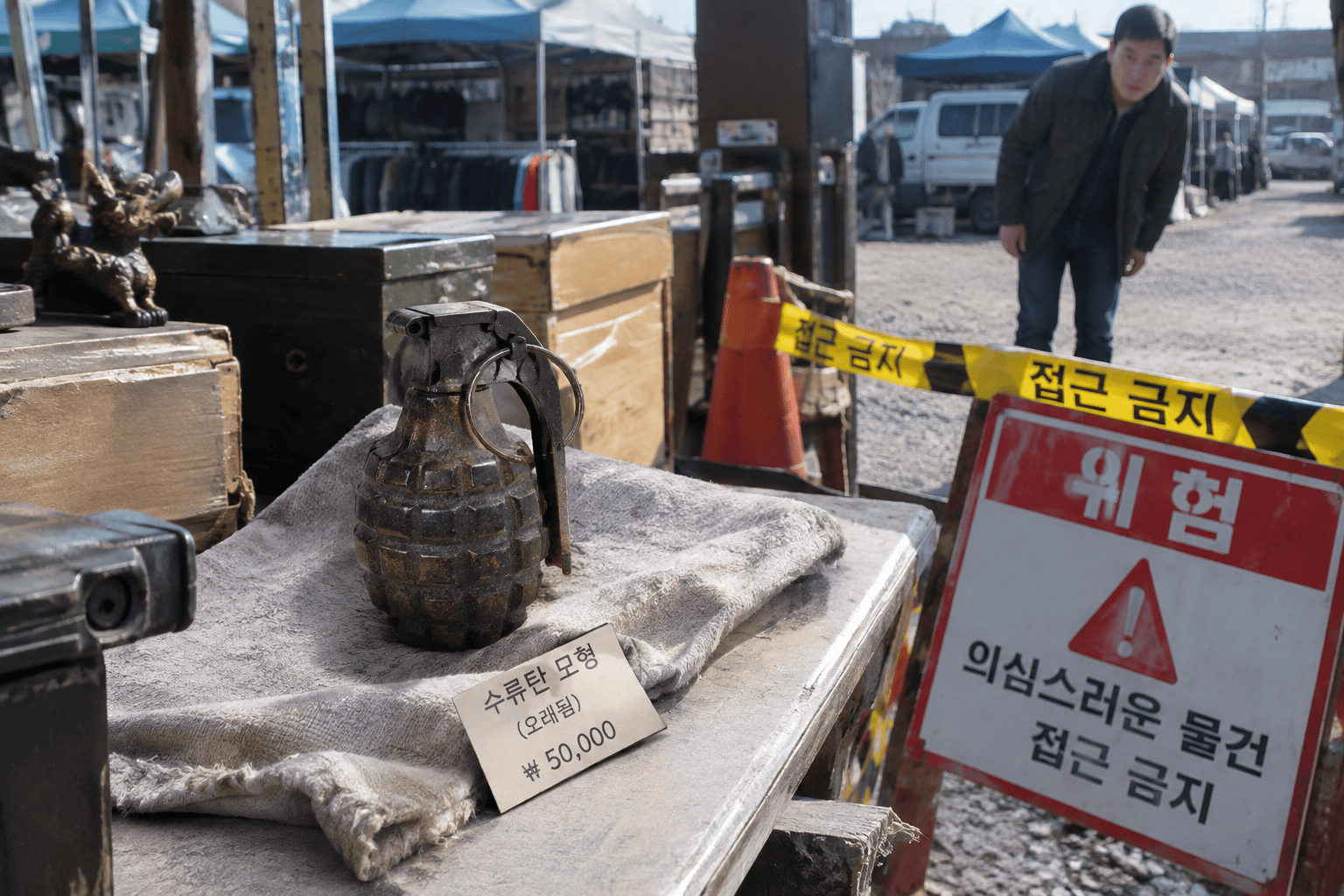 중고거래장에서 발견된 오래된 수류탄 모형과 경고 표시
