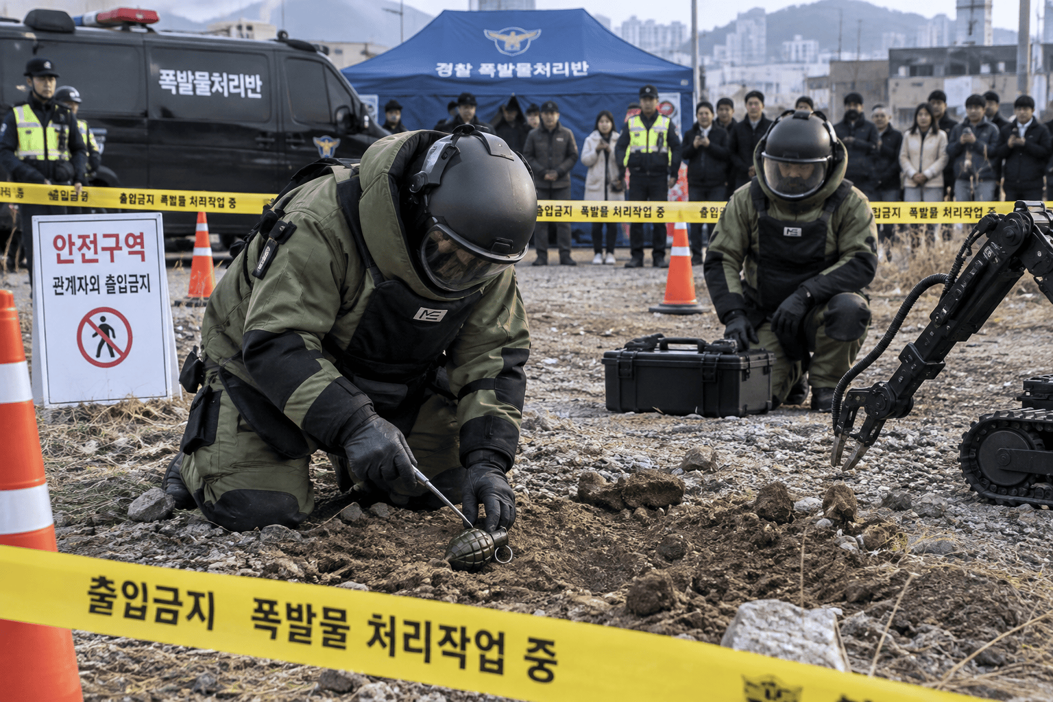 폭발물 처리 전문가가 수류탄을 안전하게 제거하는 모습
