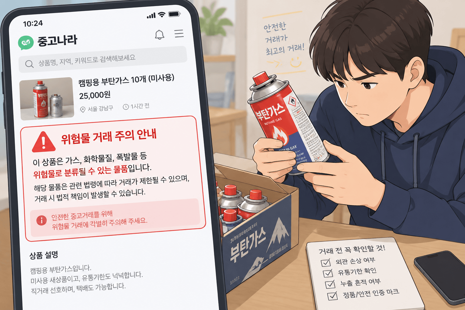 중고거래 플랫폼에서 위험물 주의 안내와 거래자 점검 장면