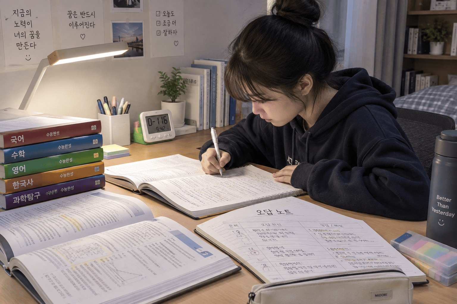 수능 수험생이 과목별 약점 보완을 위해 열심히 공부하는 모습