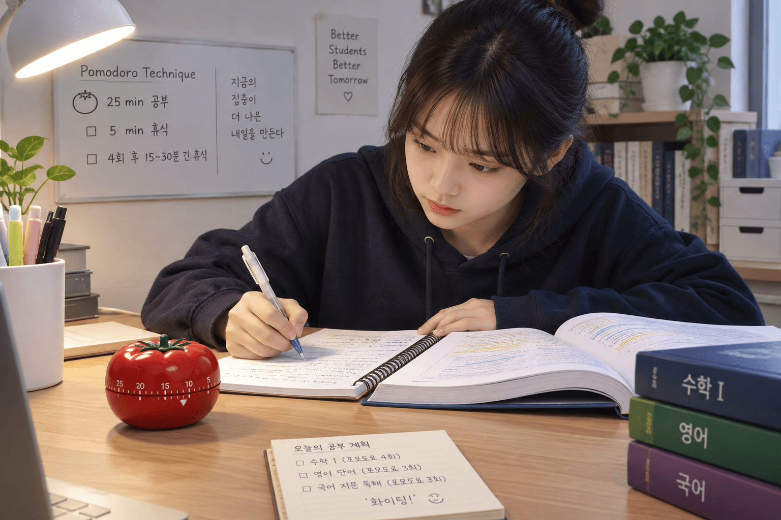시간 관리를 위해 타이머를 사용하며 공부하는 수험생