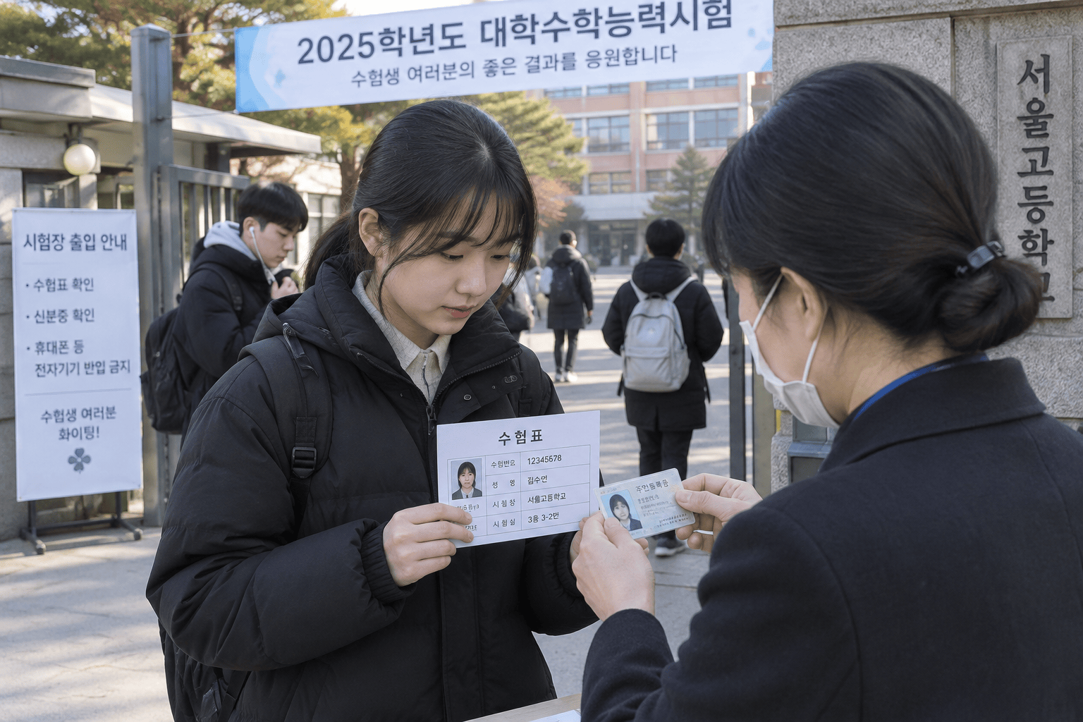 시험 당일 시험장 입구에서 준비하는 수험생