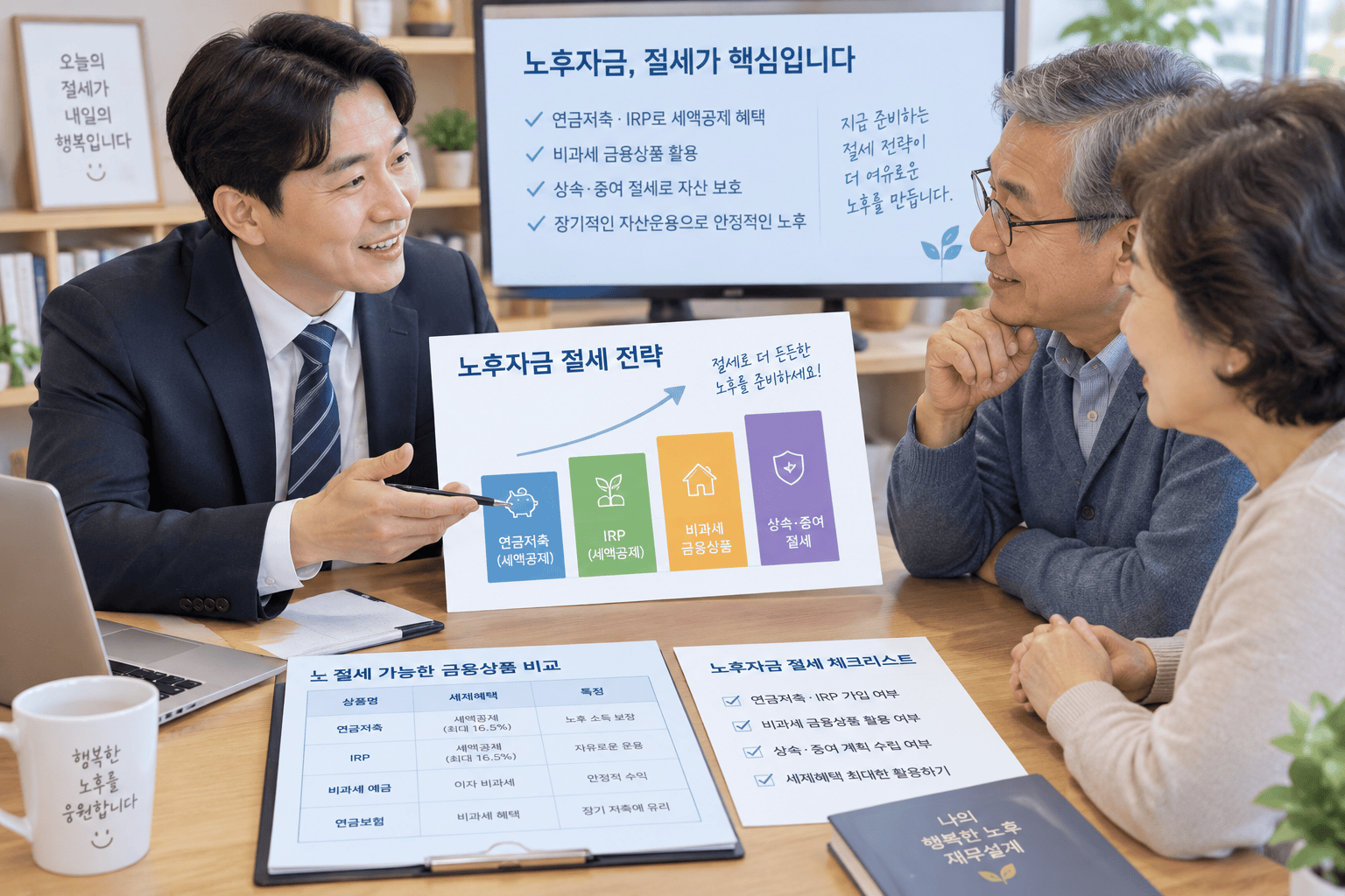 금융 상담과 절세 전략을 설명하는 장면