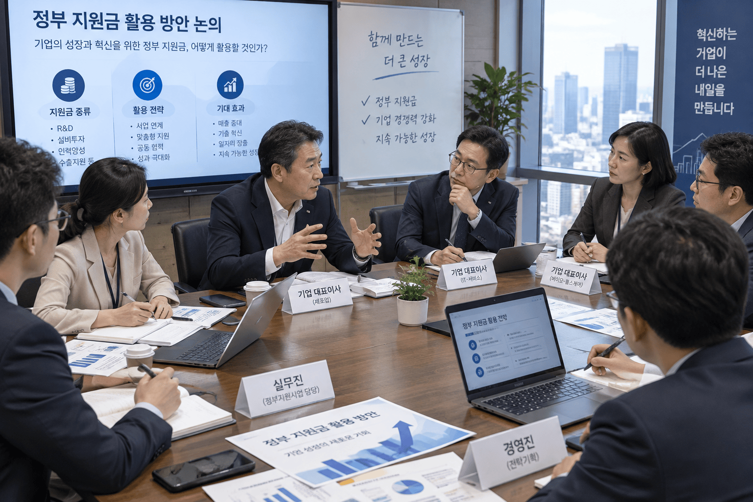 기업 대표들이 정부 지원금 활용 계획을 논의하는 회의 모습