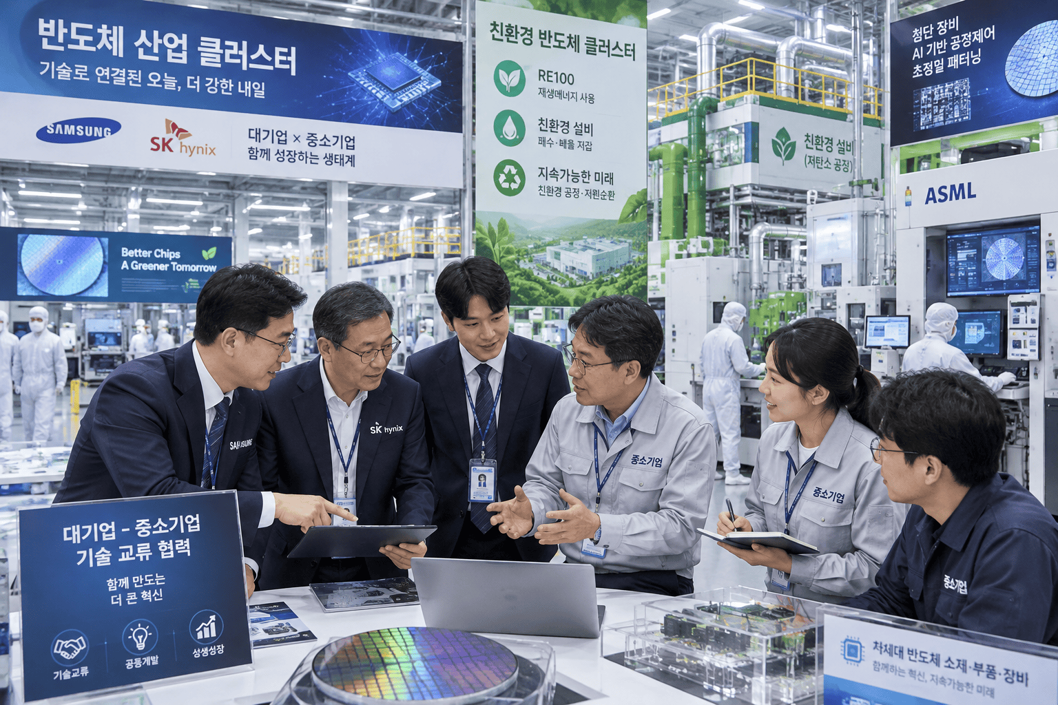 반도체 클러스터에서 대기업과 중소기업 직원들이 협력하는 모습