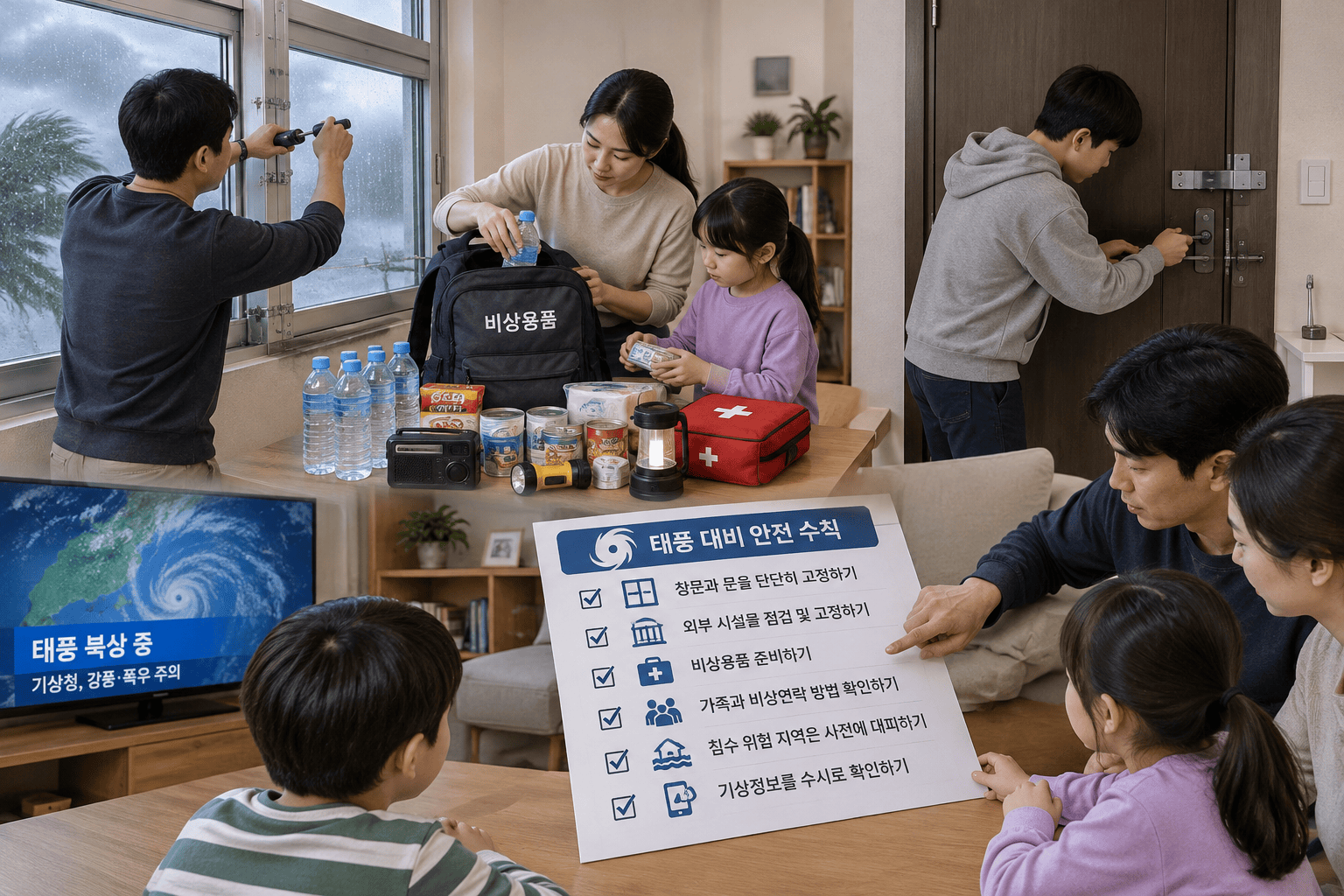 비상용품을 준비하며 태풍 대비하는 가족의 모습