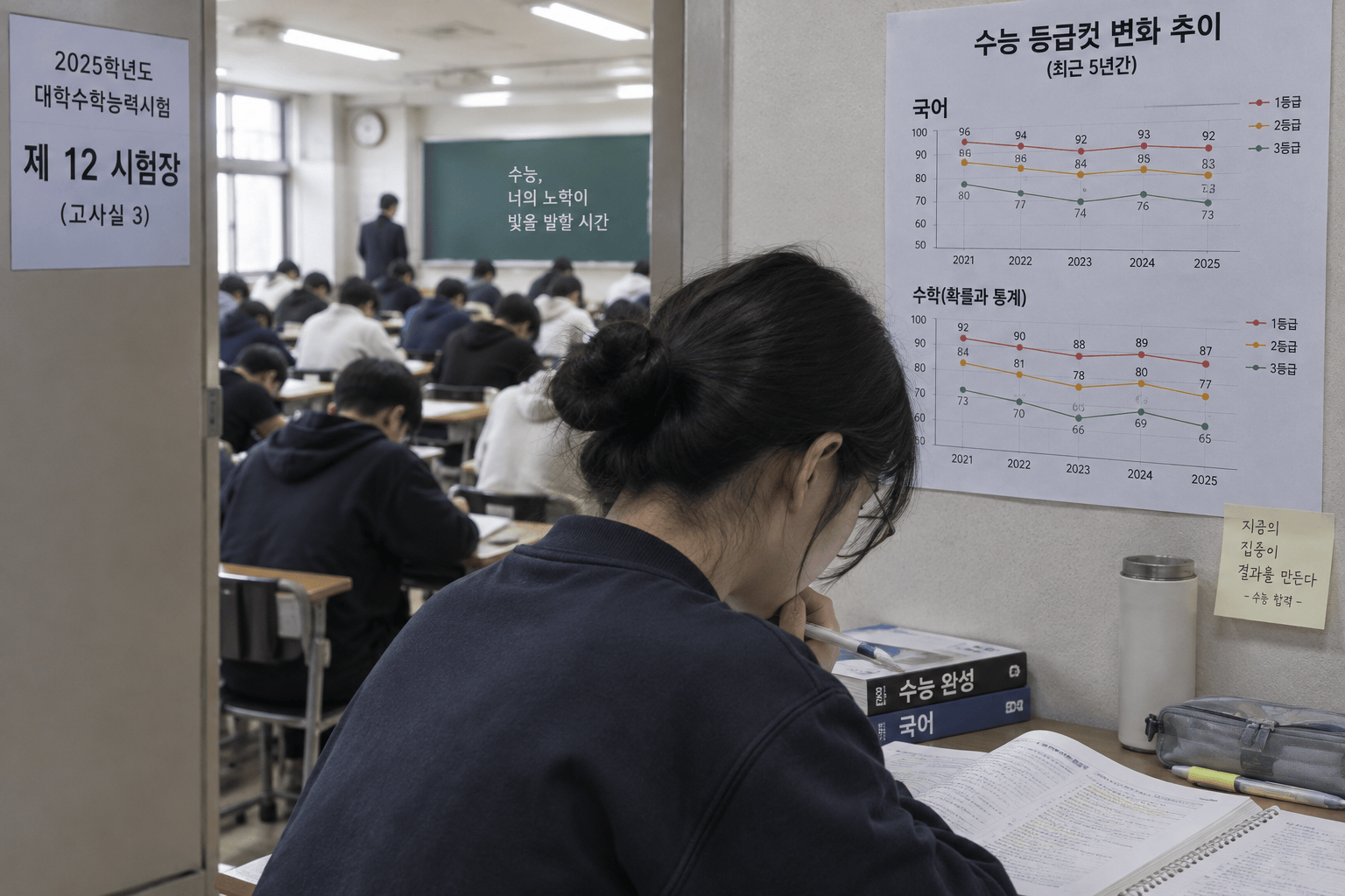 수능 준비 중 등급컷 변화 추이를 확인하는 학생