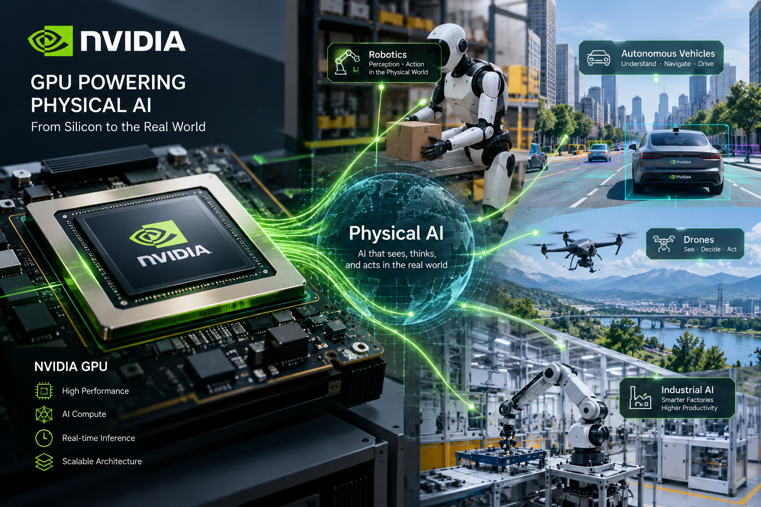 엔비디아 GPU 칩과 현실 세계를 연결하는 피지컬 AI 개념 일러스트