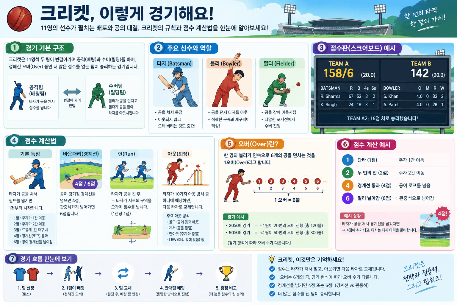 크리켓 경기 규칙과 점수 계산법을 설명하는 인포그래픽