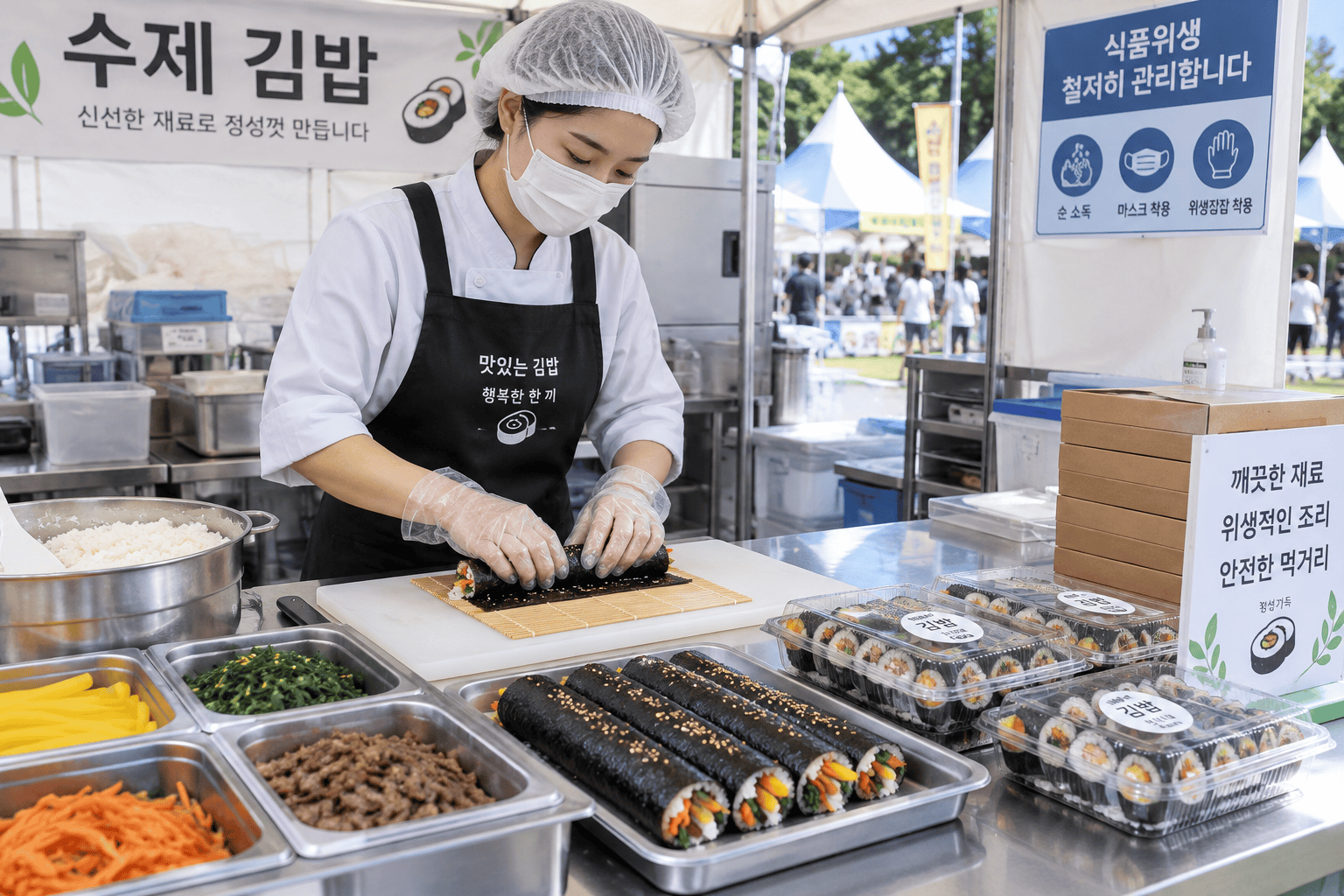 축제 부스에서 위생적으로 김밥을 조리하고 포장하는 모습