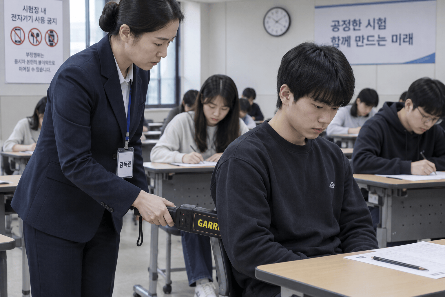 시험장에서 부정행위 탐지를 위해 전자기기 검사하는 장면