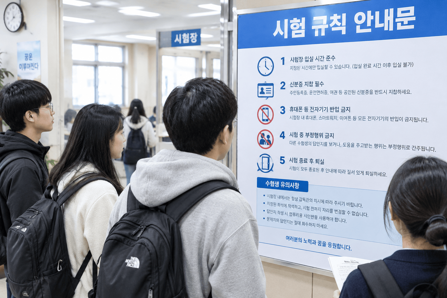 수험생들이 시험 규칙 안내문을 읽고 있는 모습