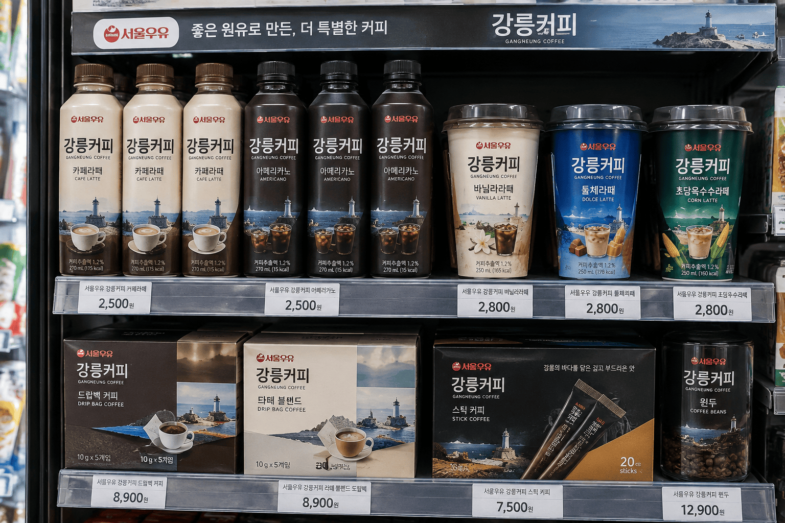 편의점에서 진열된 다양한 강릉커피 제품들