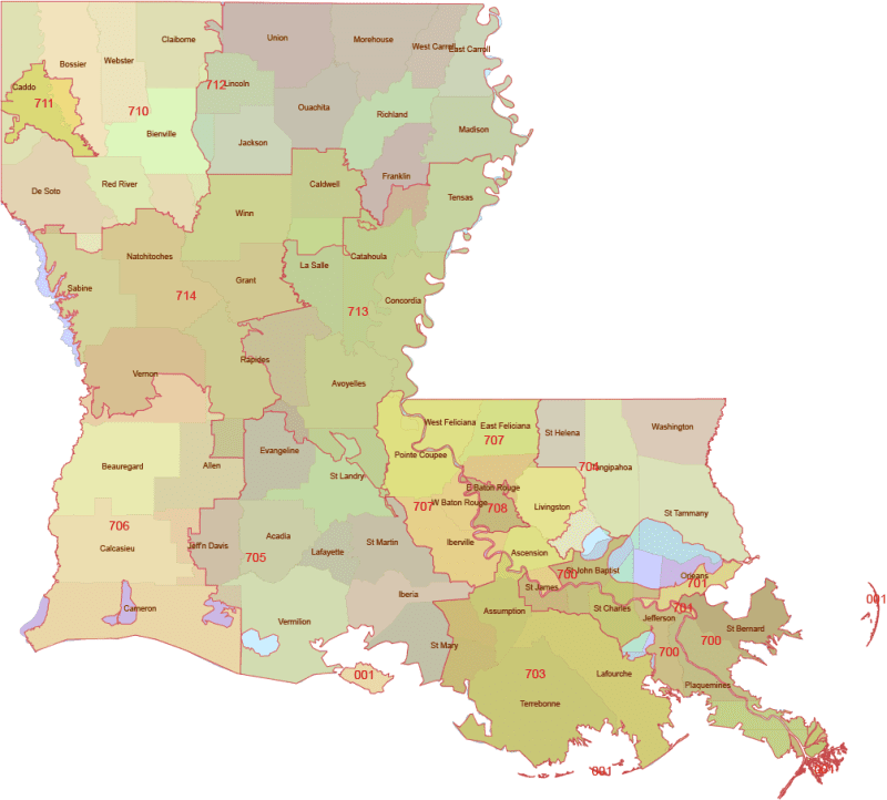 Louisiana Digit ZIP Code Map With Counties Vector.