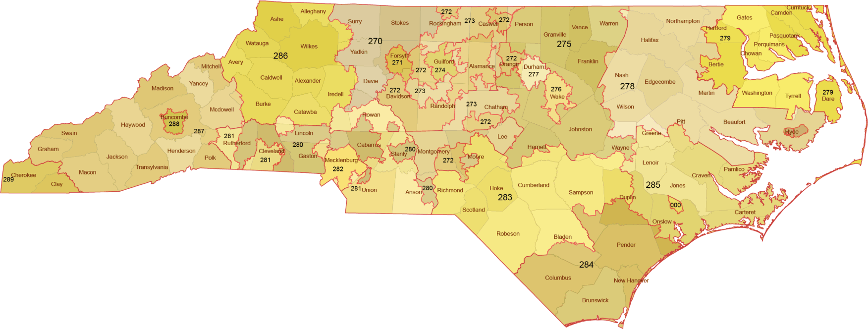 North Carolina 3 Digit ZIP Code Map With Counties Vector Map North Carolina 3 Digit Zip Code Map 