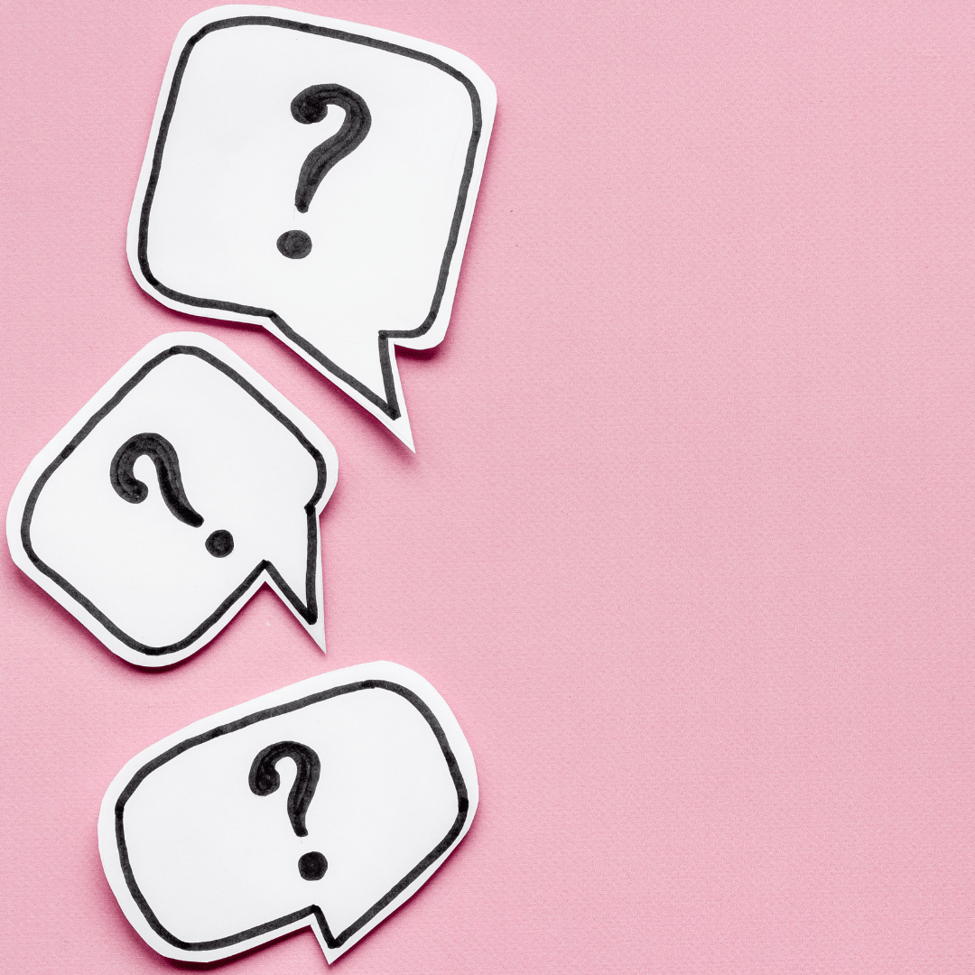 Pink background with white question mark graphics
