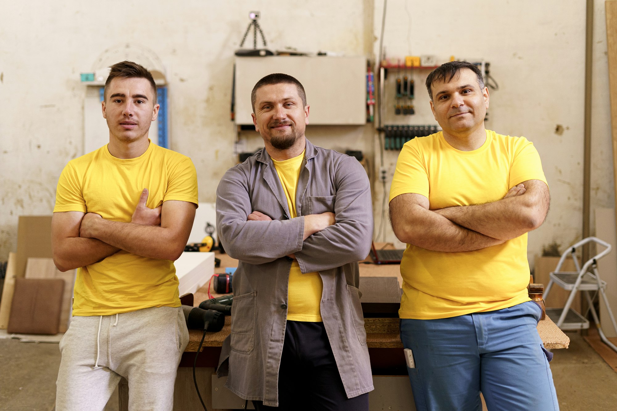 Carpenters team portrait in their workshop