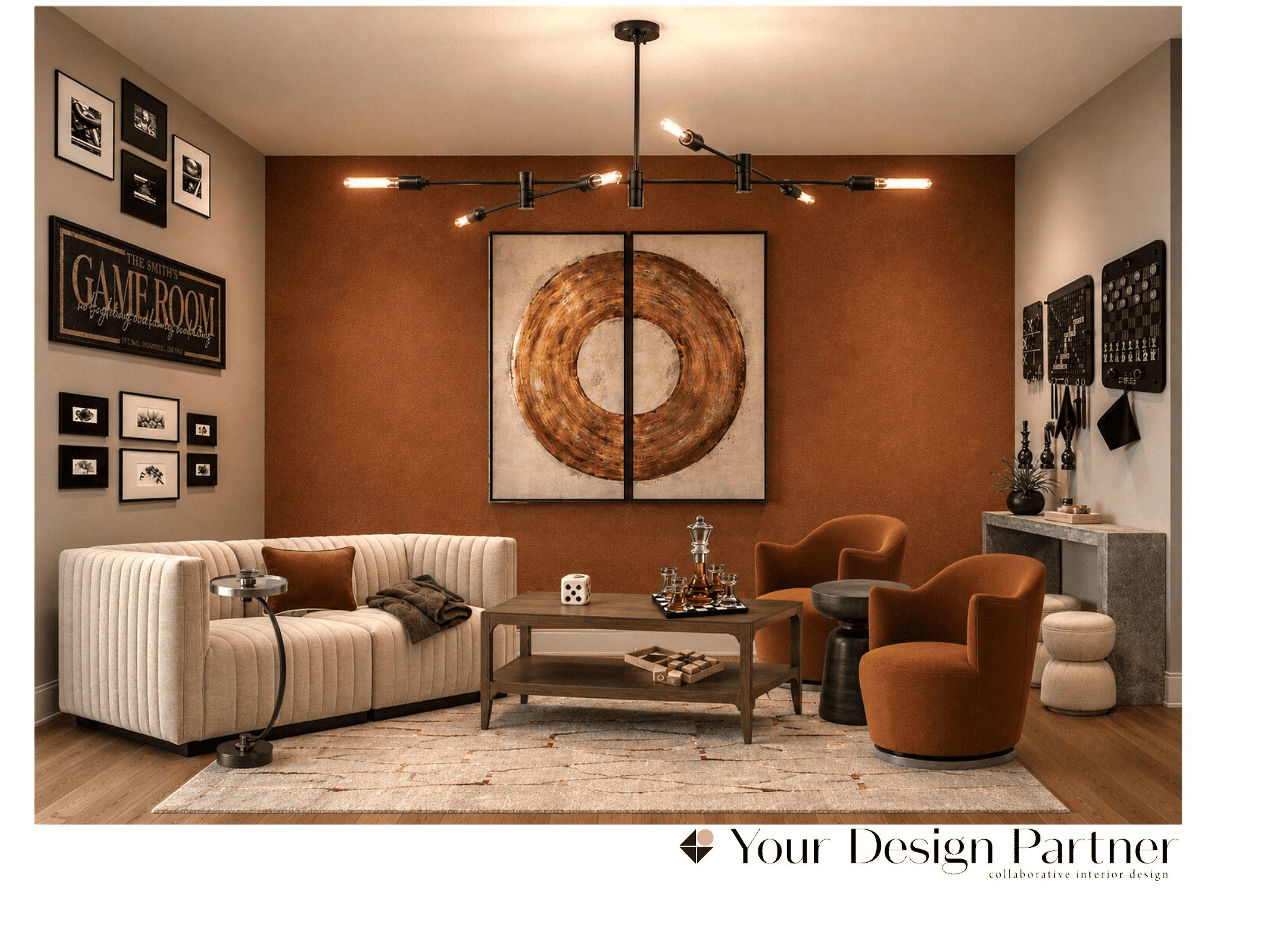 AI-designed living room and 3D rendering of modern living space with burnt orange wall, ivory sofa, and modern wall art