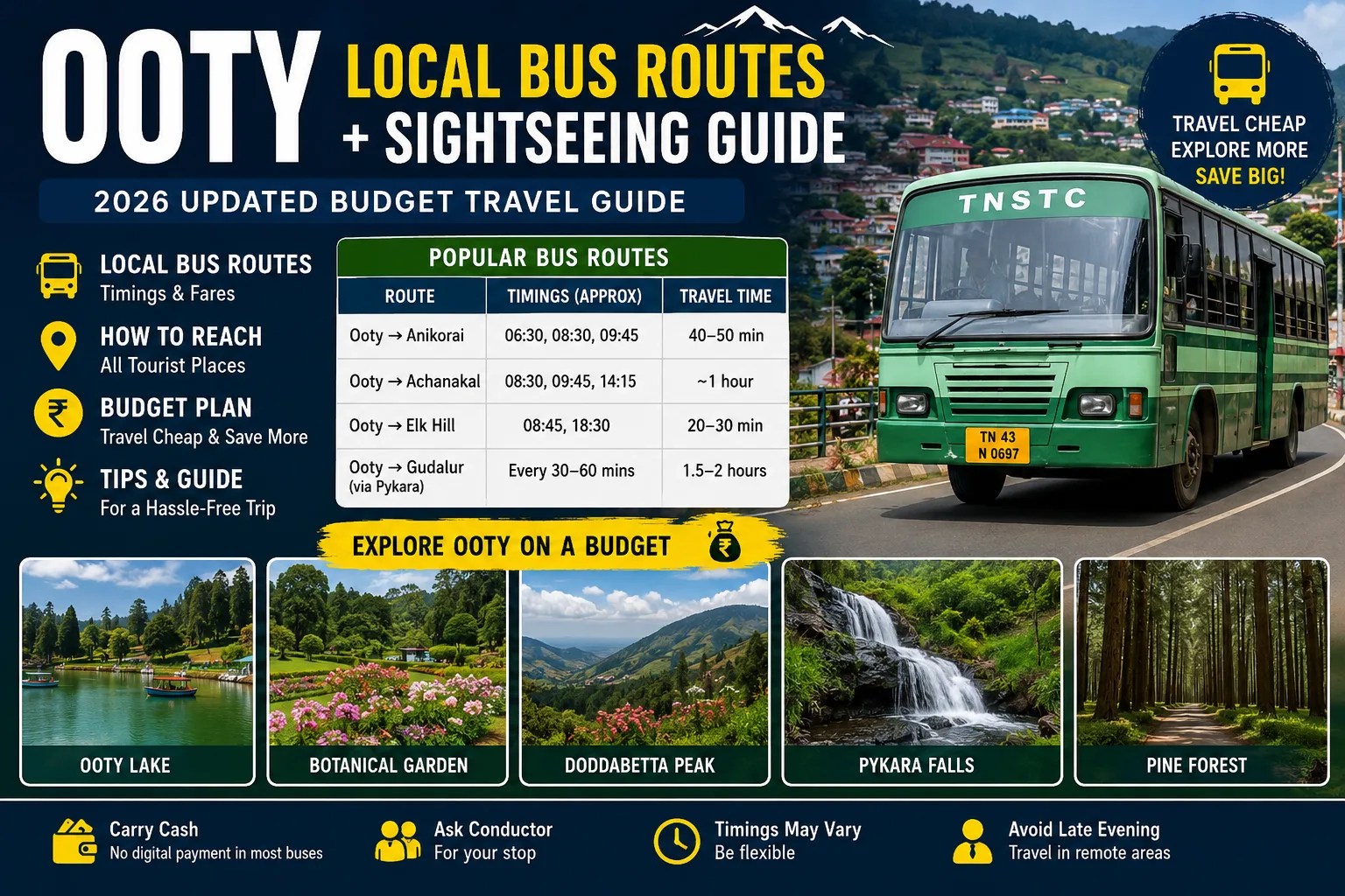 Ooty local bus routes infographic with sightseeing guide, bus timings, tourist places, and budget travel tips